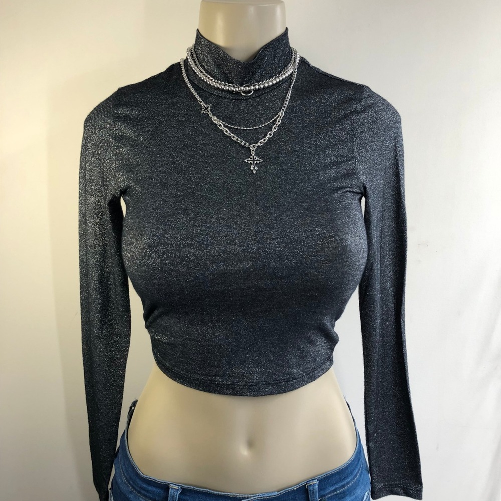 Abercrombie & Fitch Mock Neck Metallic Crop Top Womens XS Grey Long Sleeve